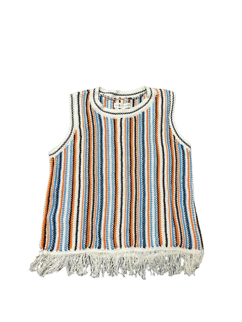 Lou & Grey Loft Striped fringe Sweater Tank top XS Cream Orange Blue Boho cotton